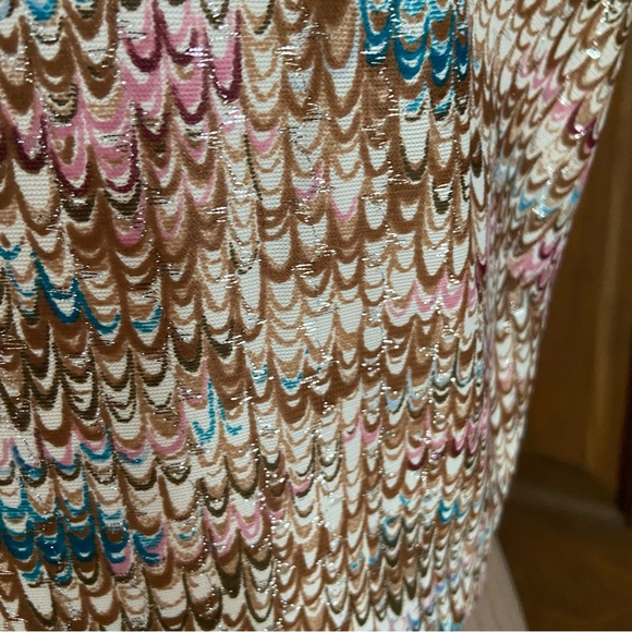 Vintage 1970s Metallic Feather Print Medium? Sleeveless Pleated Maxi Dress MCM - Picture 3 of 12